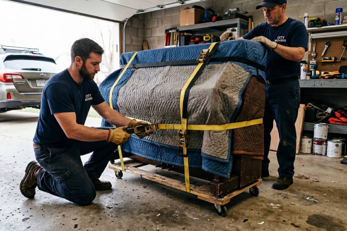 Professional piano movers in Barrie securing a wrapped upright piano for safe transport