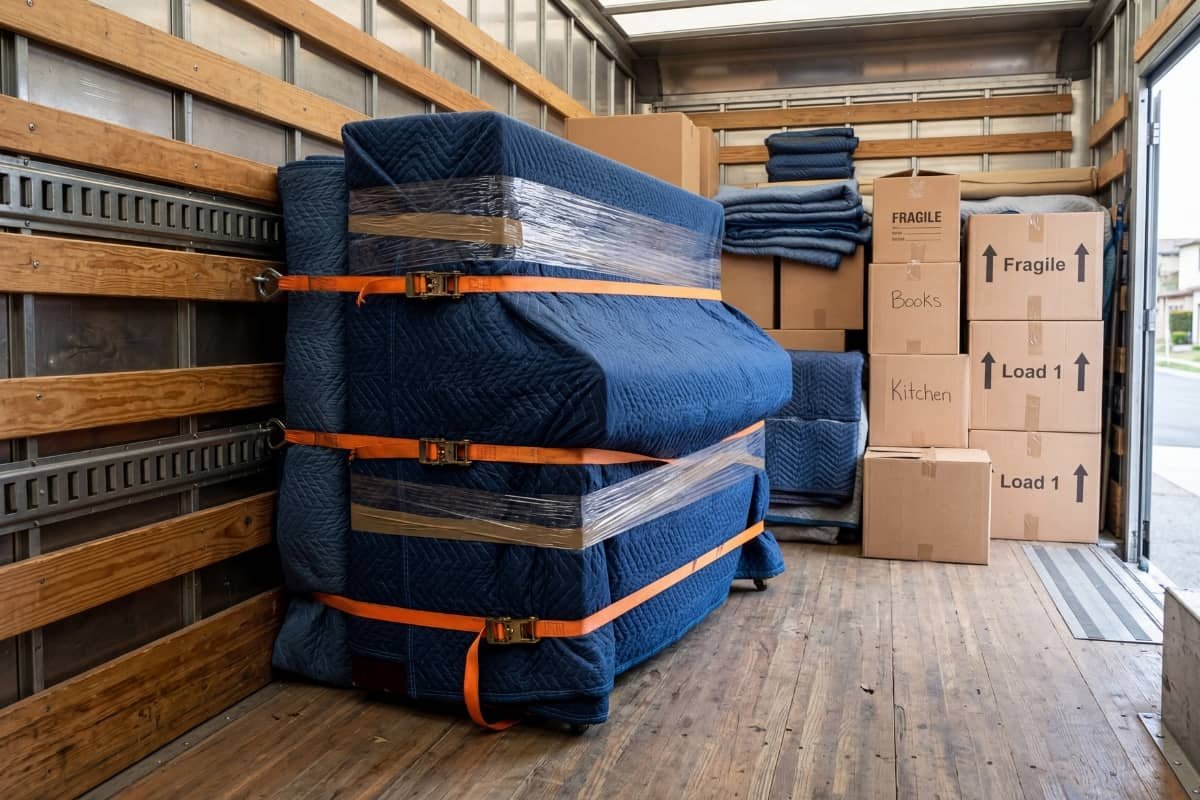 Piano secured inside a moving truck with straps and protective blankets in Barrie