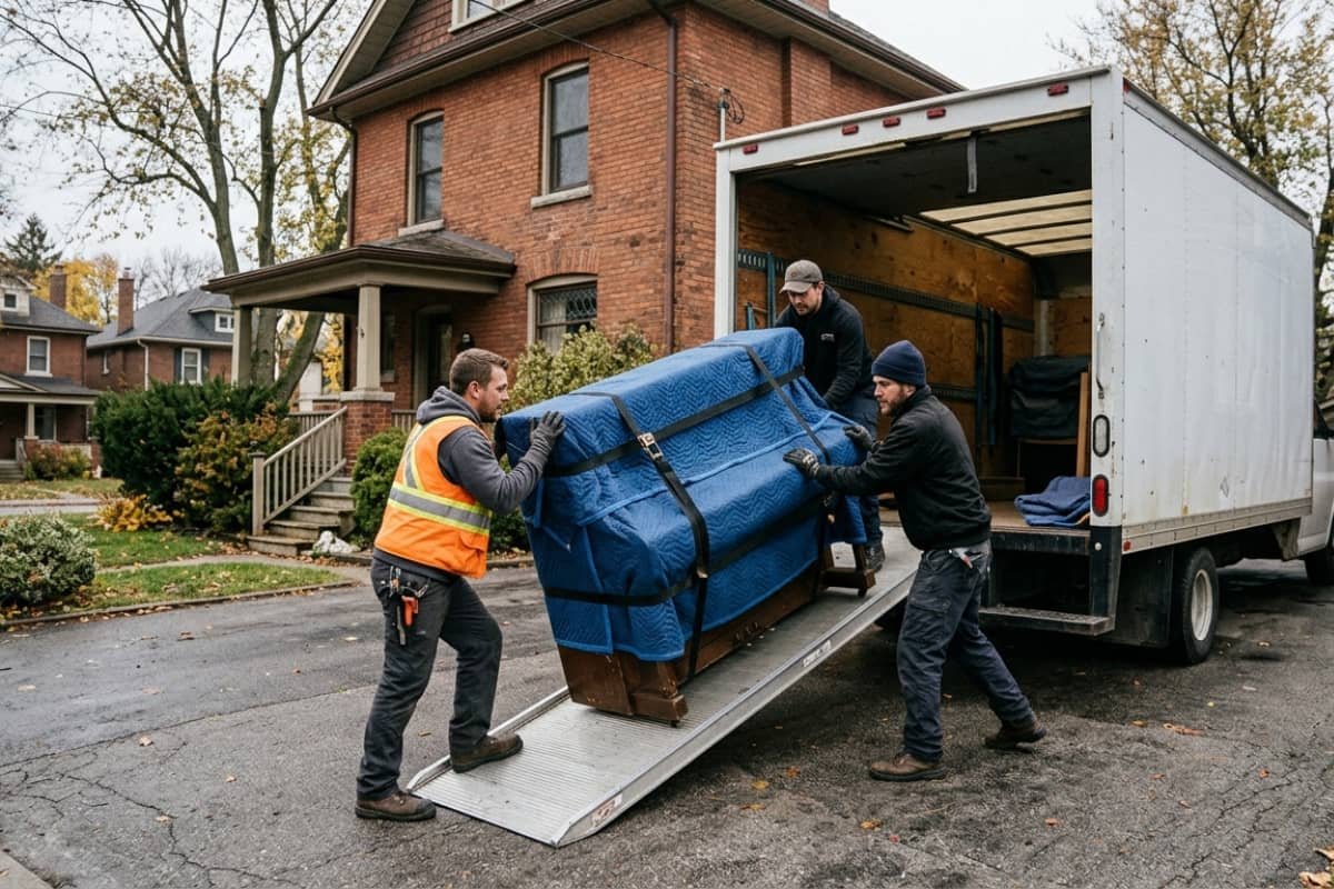 Professional piano movers in Hamilton loading a wrapped piano into a moving truck