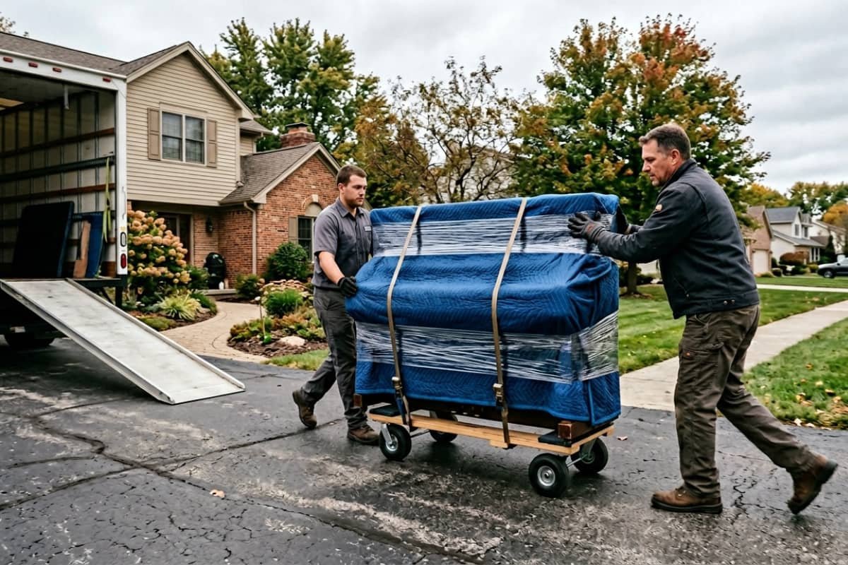 Professional piano movers in Kingston Ontario rolling a wrapped piano on a dolly in a residential driveway