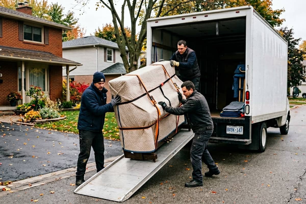 Professional piano movers in Kitchener Ontario loading a wrapped piano into a moving truck