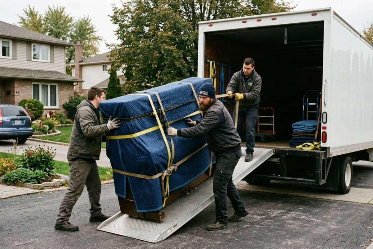 Professional piano movers in London Ontario loading a wrapped piano into a moving truck