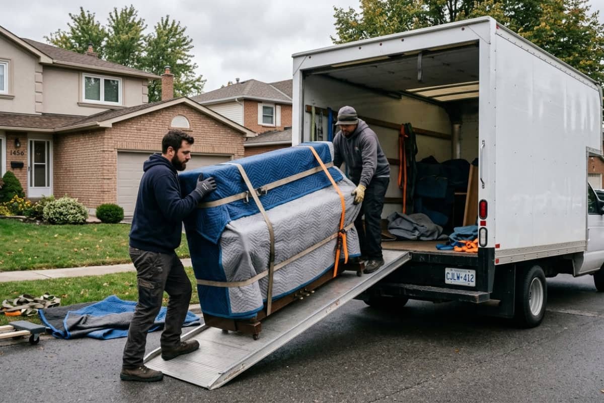 Professional piano movers in Mississauga preparing a piano for transport