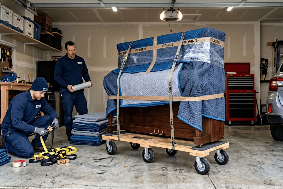 Professional piano movers in Montreal wrapping and securing an upright piano for safe transport
