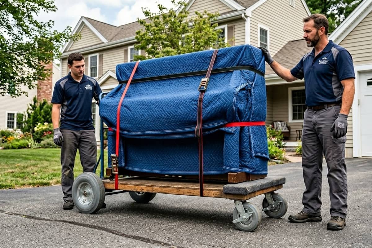 Professional piano movers in Oakville moving a wrapped upright piano safely on a dolly