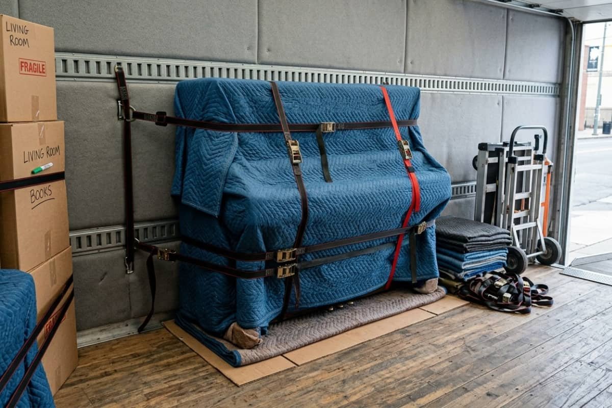 Piano securely strapped and protected inside a moving truck during transport in Oakville