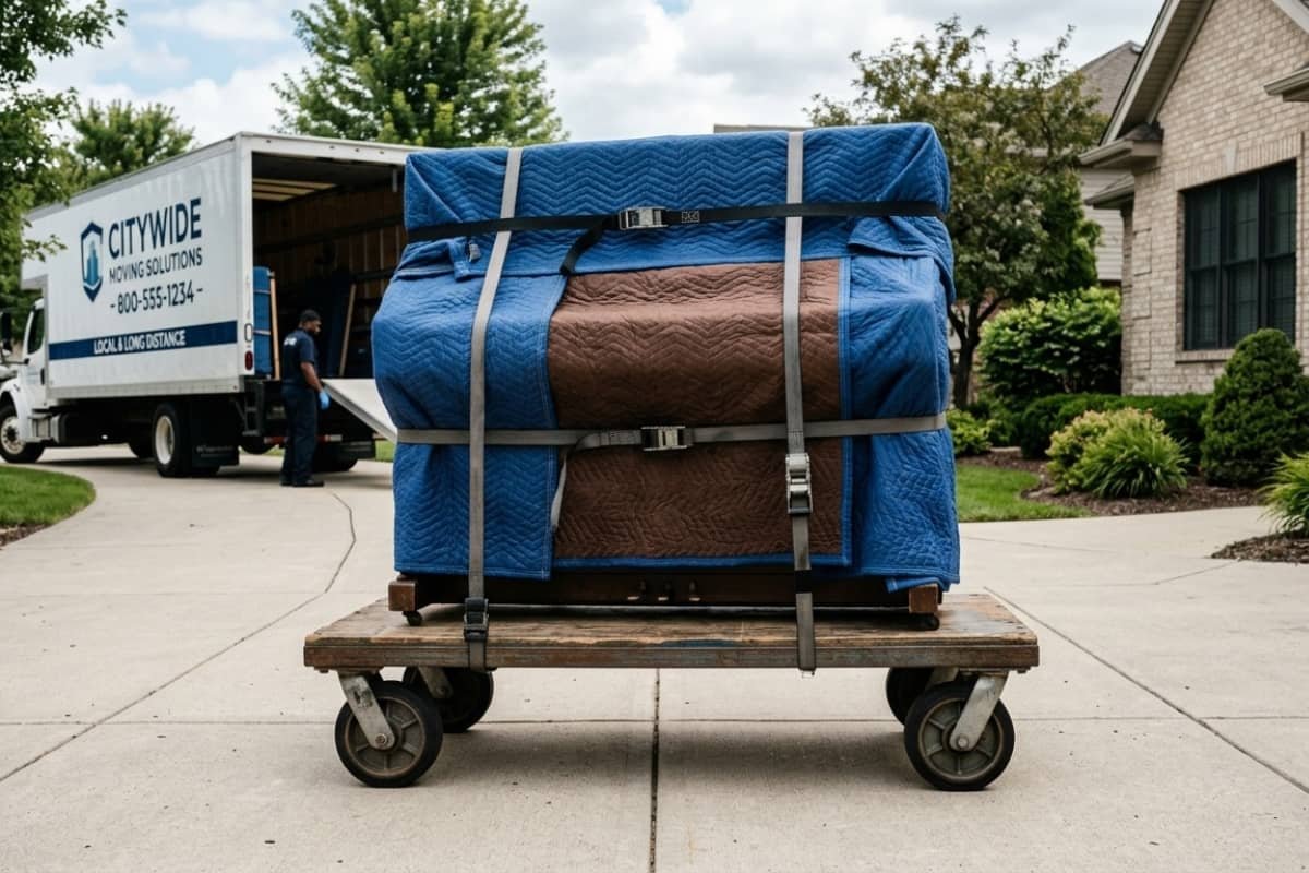 Professional piano movers in Brampton transporting a wrapped upright piano on a dolly