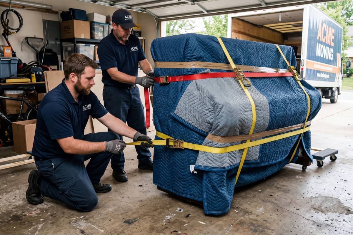 professional piano movers in Gatineau wrapping and securing an upright piano before transport