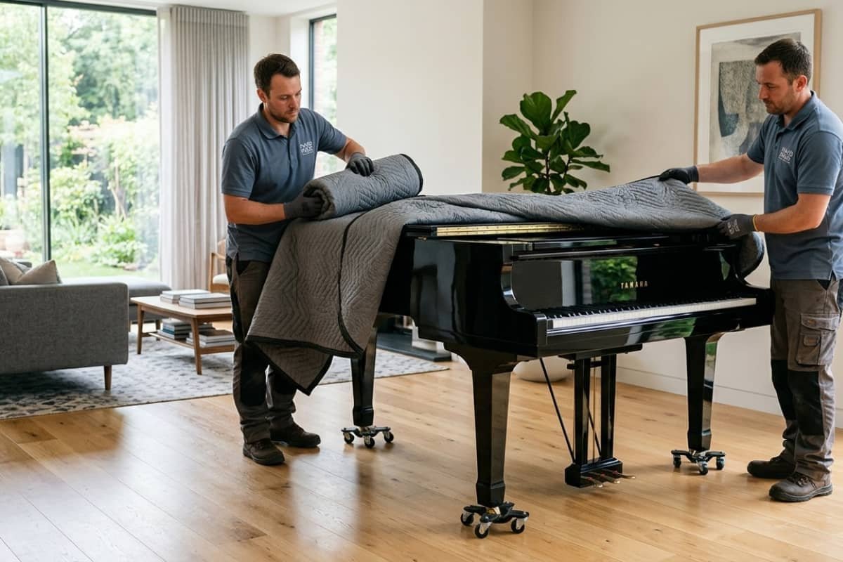 Professional piano movers preparing a grand piano for safe transport in Quebec
