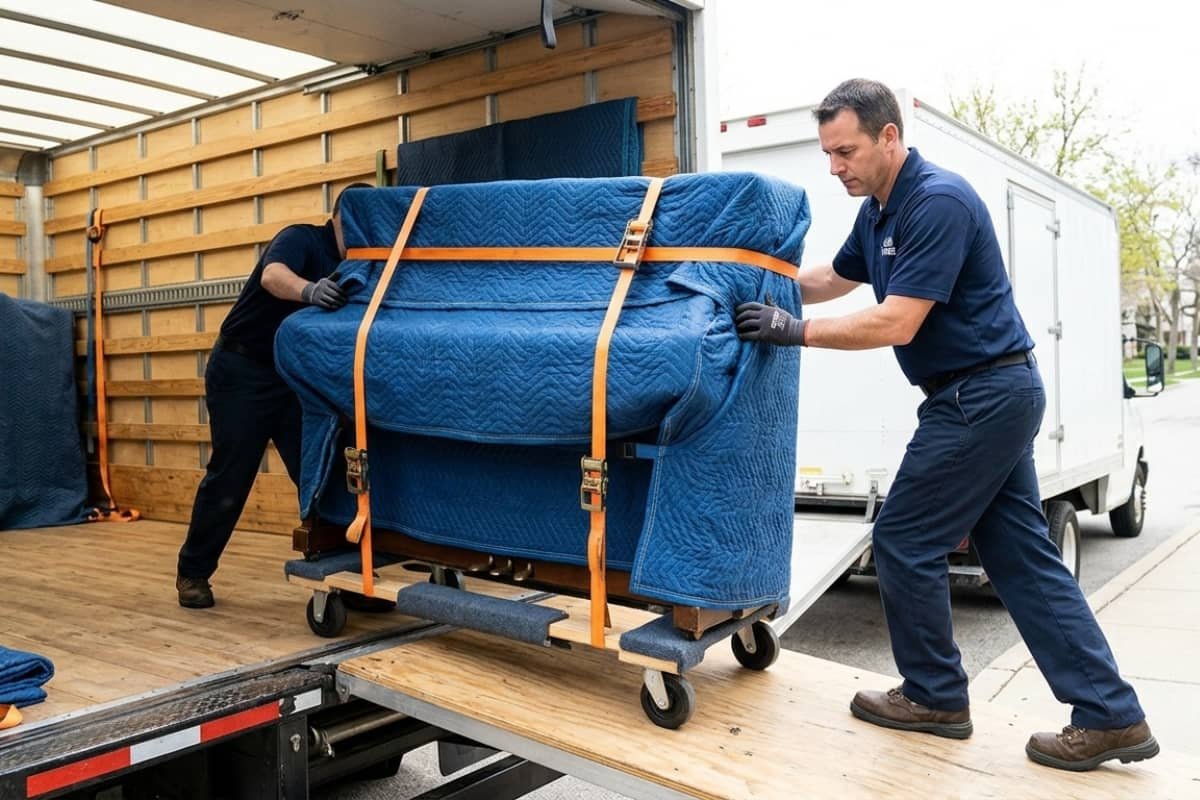 Professional piano movers in Laval loading a wrapped upright piano into a moving truck