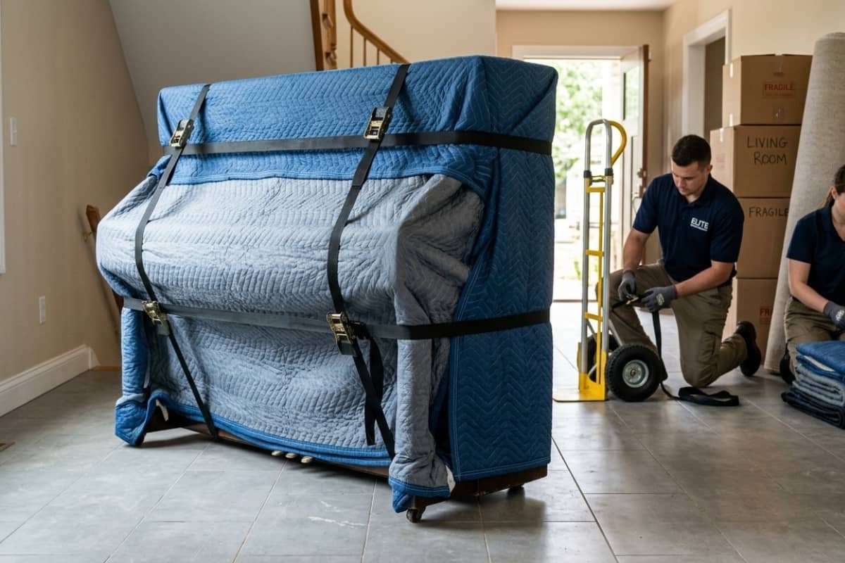 Piano movers in Laval preparing a wrapped upright piano for safe transport