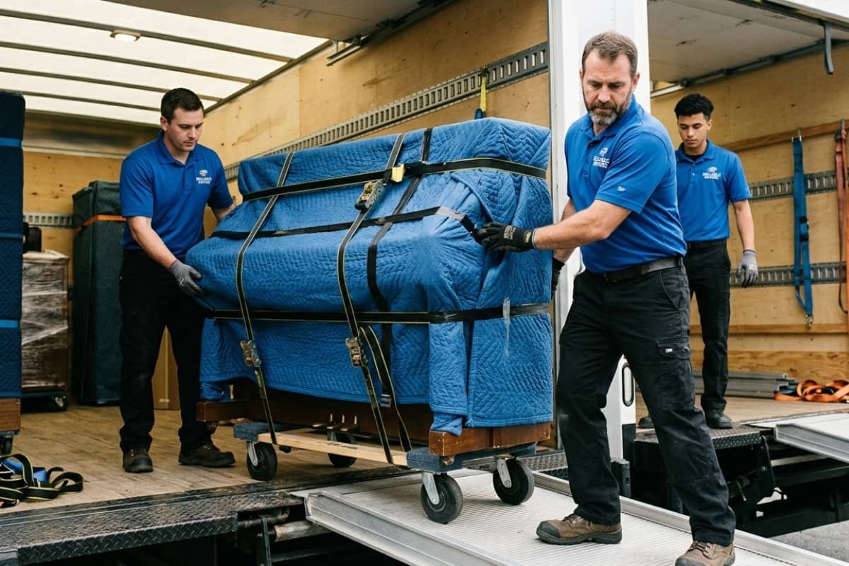 piano movers in Longueuil loading a wrapped upright piano into a moving truck