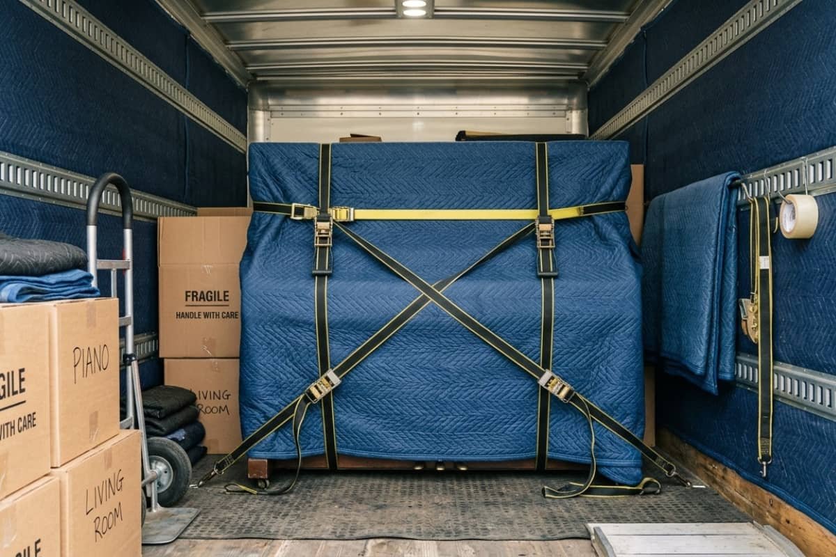 upright piano secured for transport by professional movers in Ontario