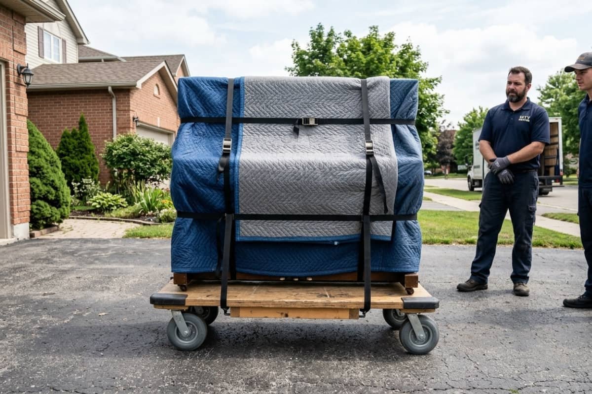 Professional piano movers in Oshawa transporting a wrapped upright piano safely on a dolly