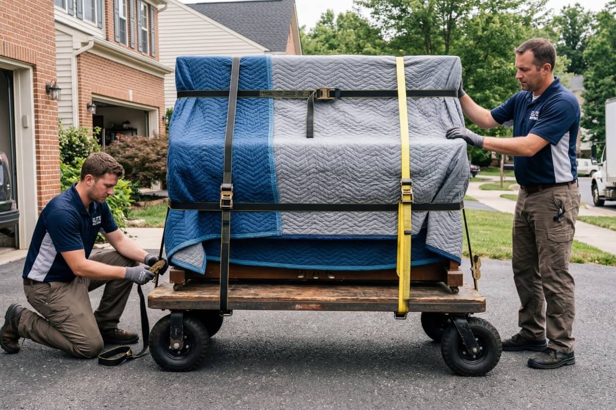 Professional piano movers in Ottawa moving a wrapped upright piano on a dolly in a residential driveway