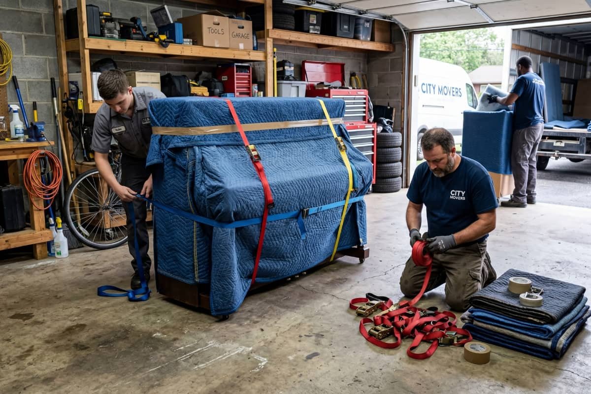Professional piano movers preparing an upright piano for safe transport in Quebec City
