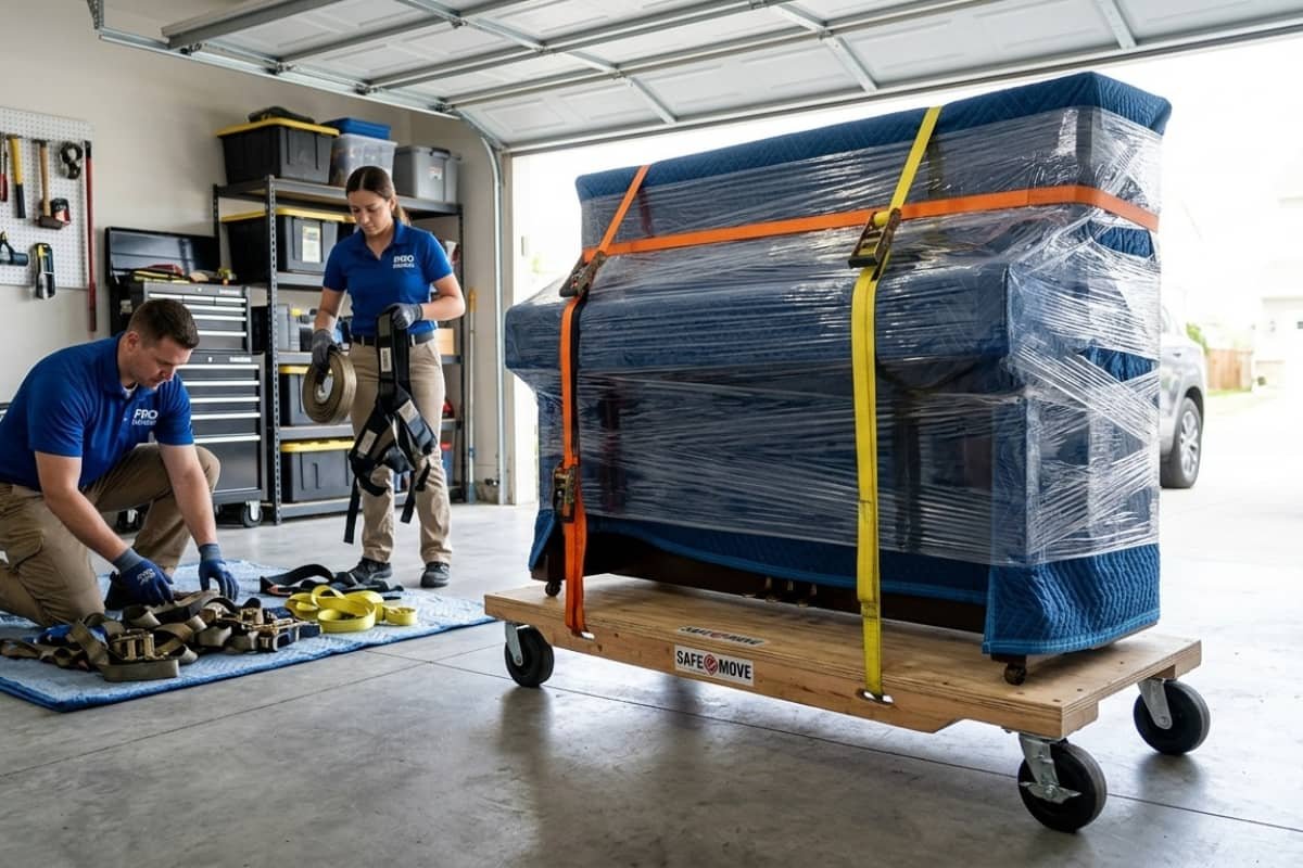 professional piano movers preparing a wrapped piano for transport in Toronto garage