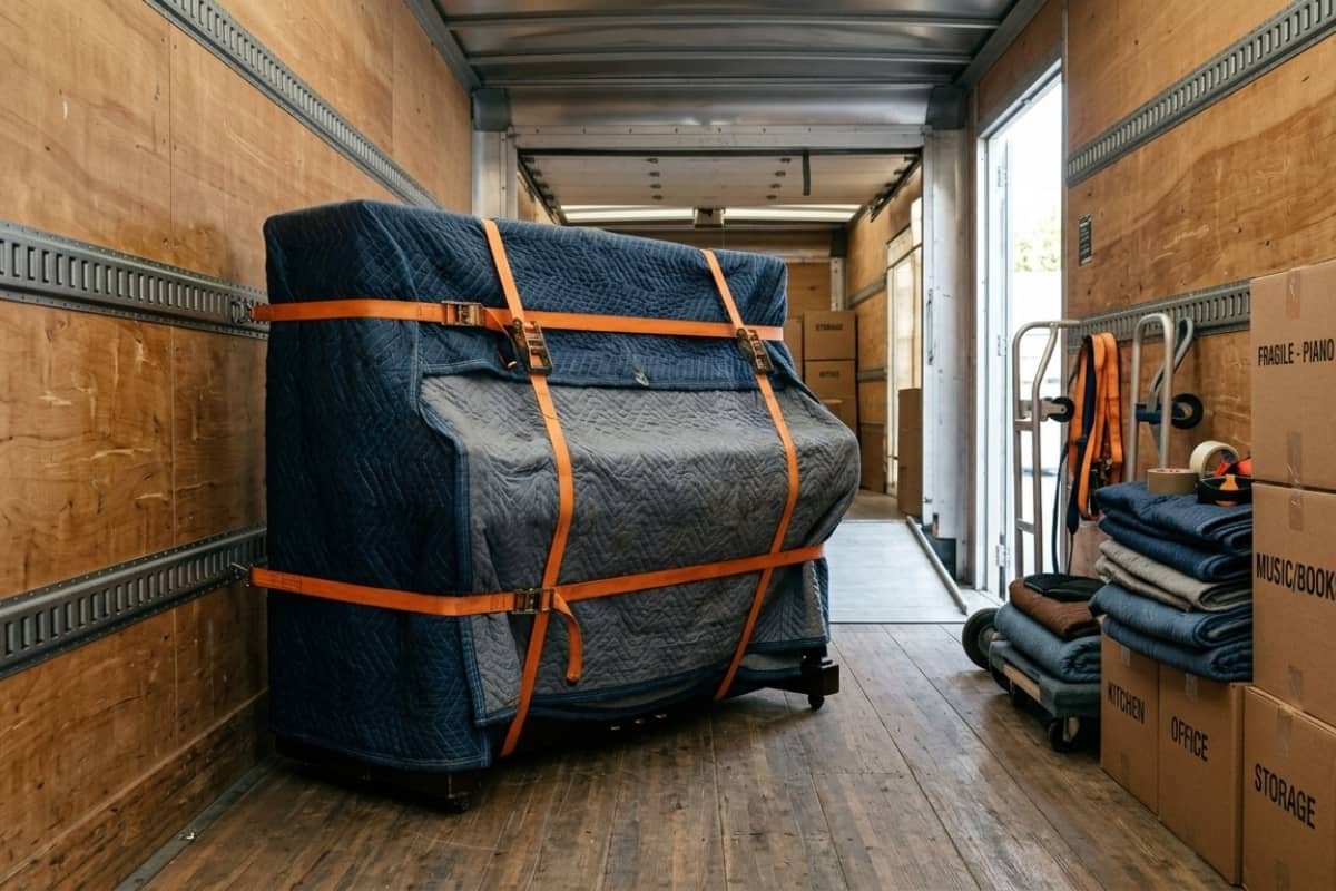 upright piano secured inside moving truck for transport in Toronto