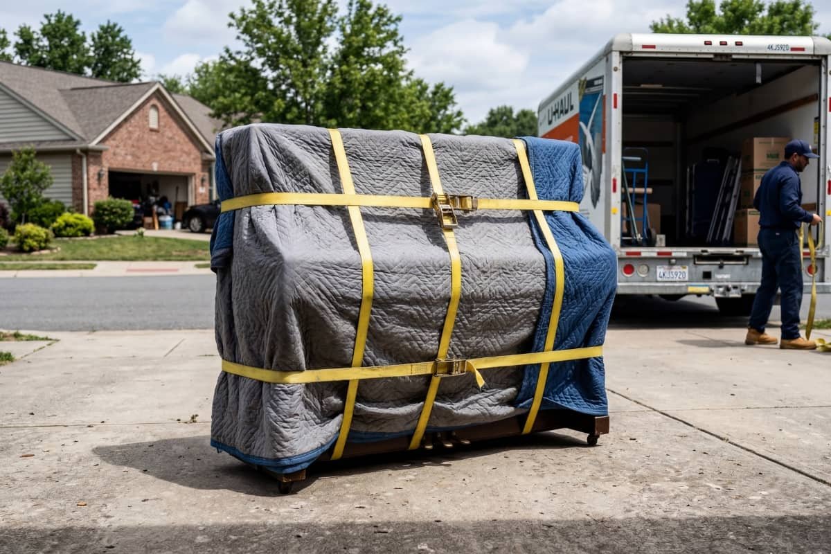 Upright piano wrapped and secured with straps before moving in Vaughan Ontario