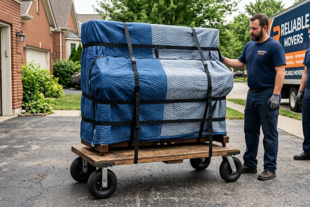 Professional piano movers in Waterloo Ontario transporting a wrapped upright piano on a dolly