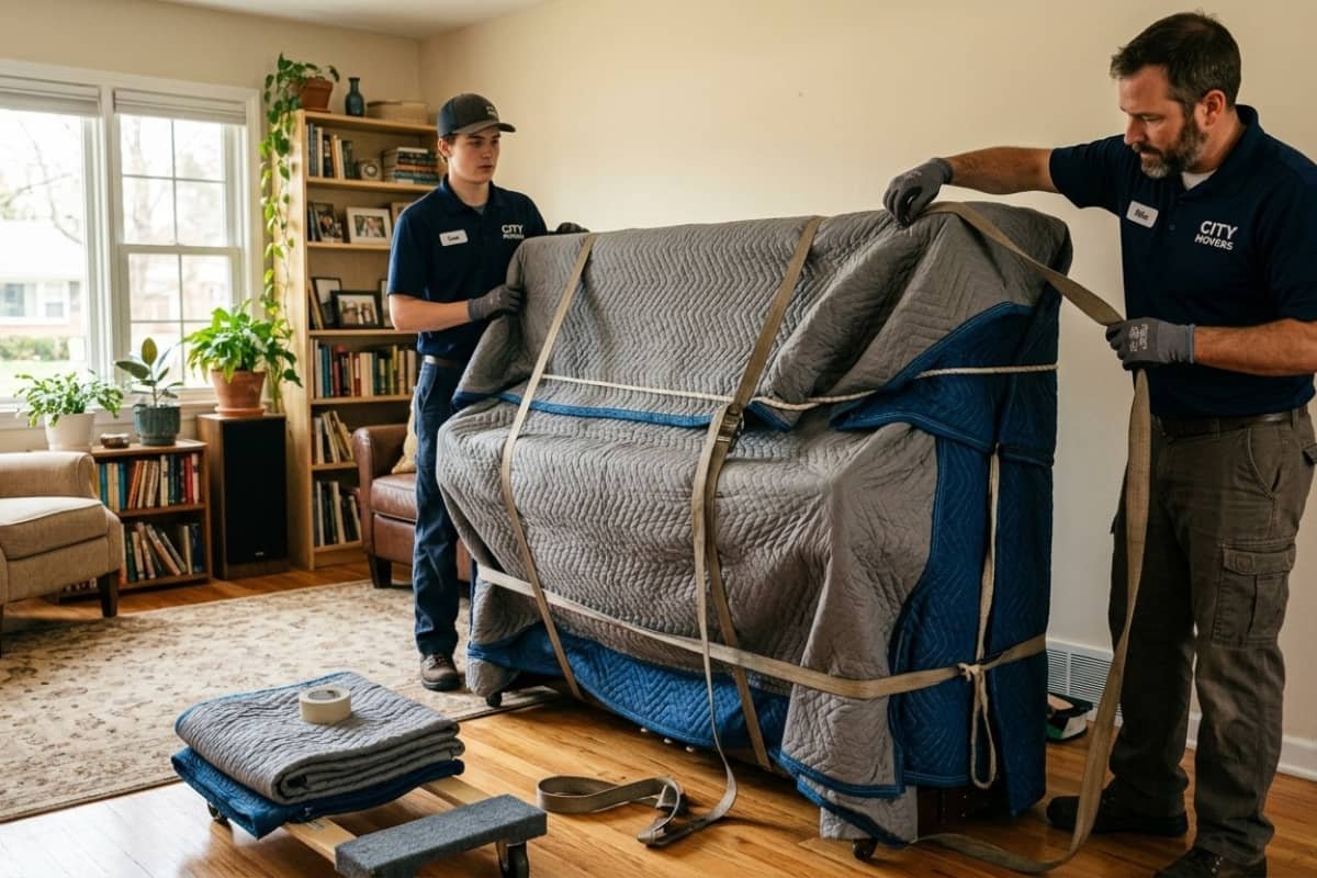 Professional piano movers in Windsor securing an upright piano inside a home