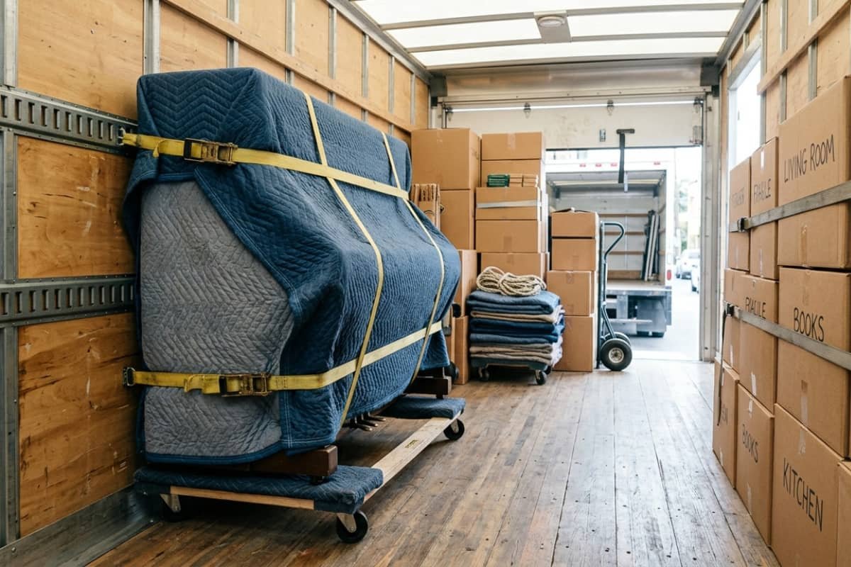 Piano movers in Montreal securing an upright piano safely inside a moving truck