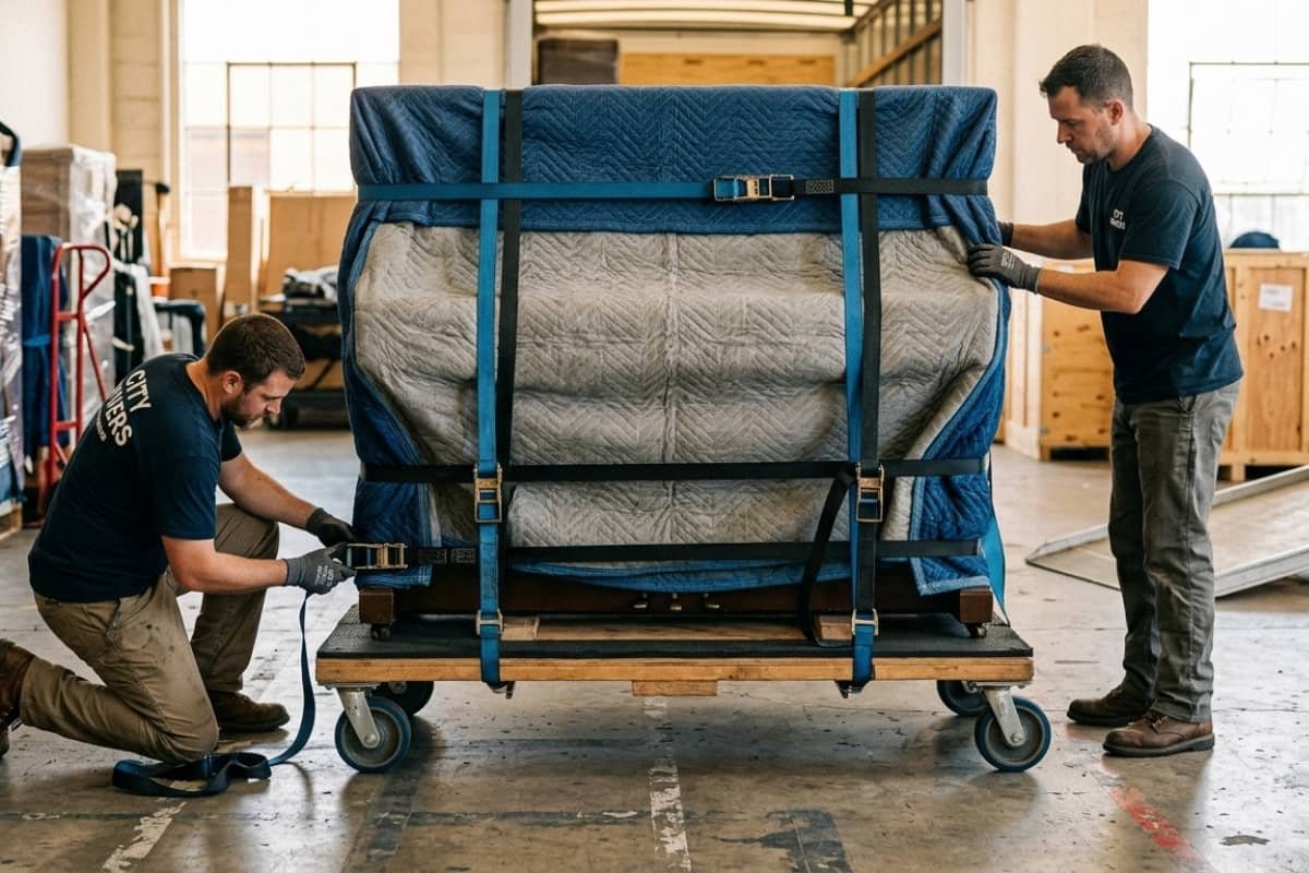 Professional piano movers in Oshawa securing a wrapped upright piano with straps before transport