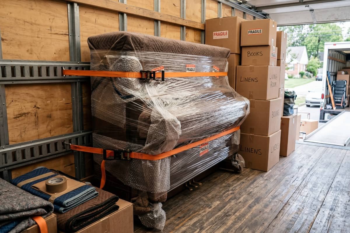 Piano securely wrapped and strapped inside a moving truck in Brampton