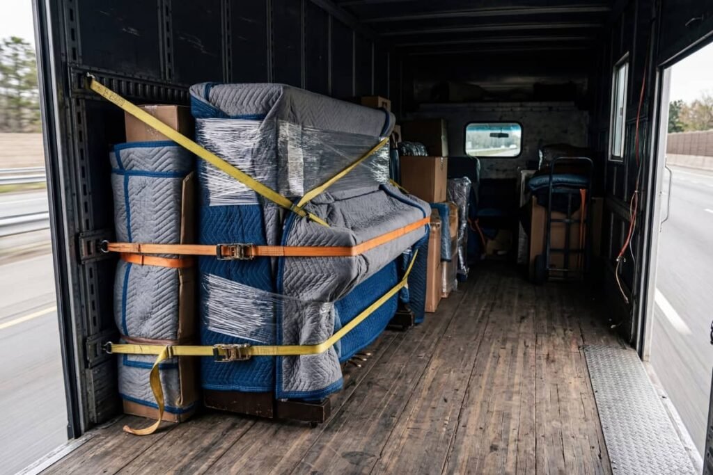Upright piano wrapped and secured with straps inside a moving truck in Ottawa