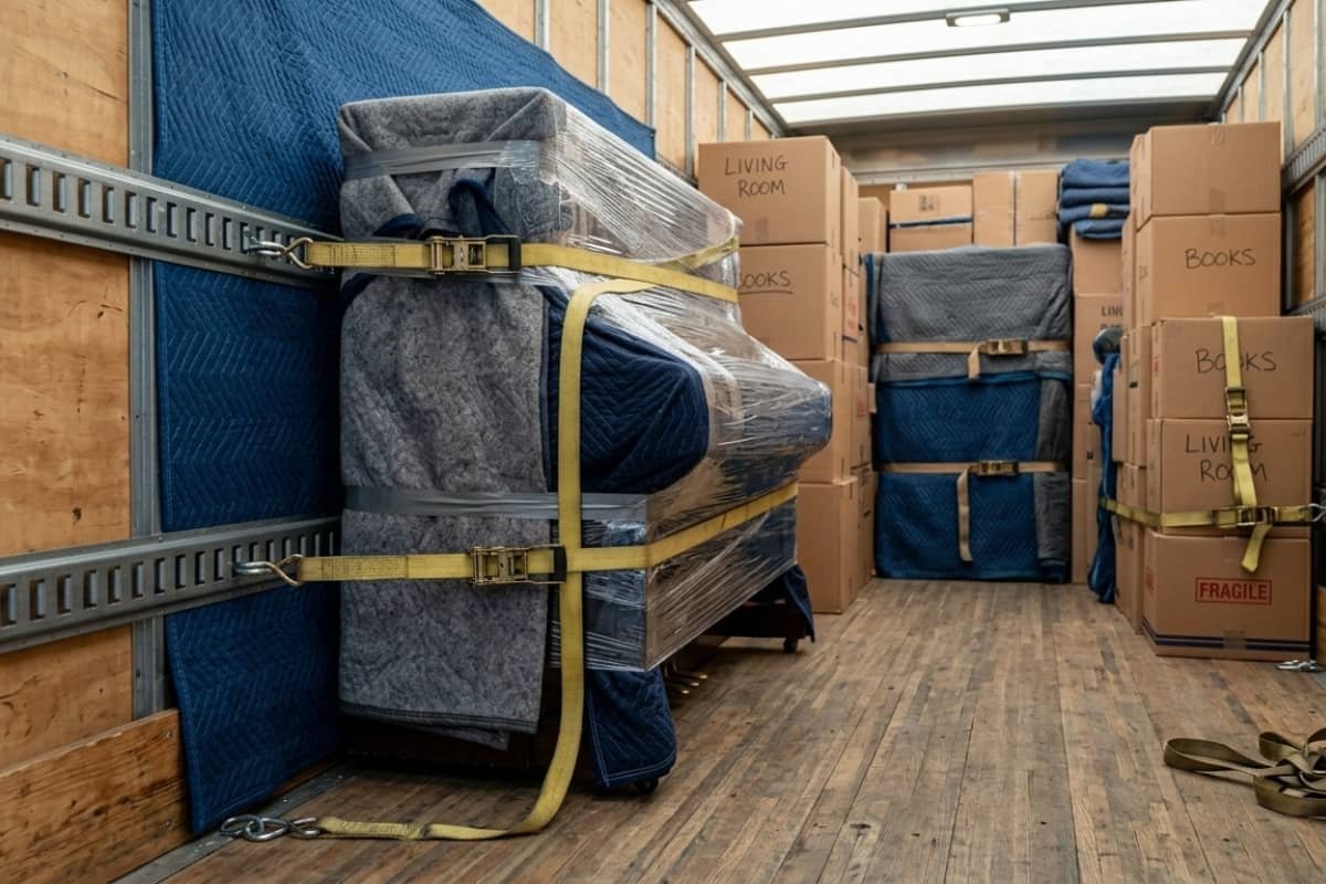Wrapped upright piano securely strapped inside a moving truck during transport in Waterloo Ontario