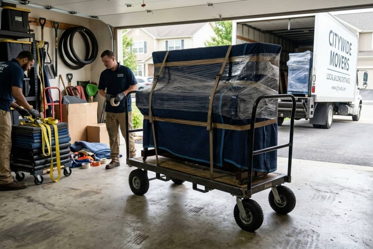 Professional piano movers in Windsor wrapping and securing an upright piano for transport