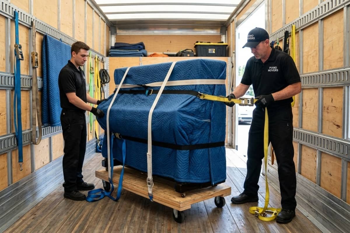 upright piano secured with straps inside moving truck by piano movers in Longueuil
