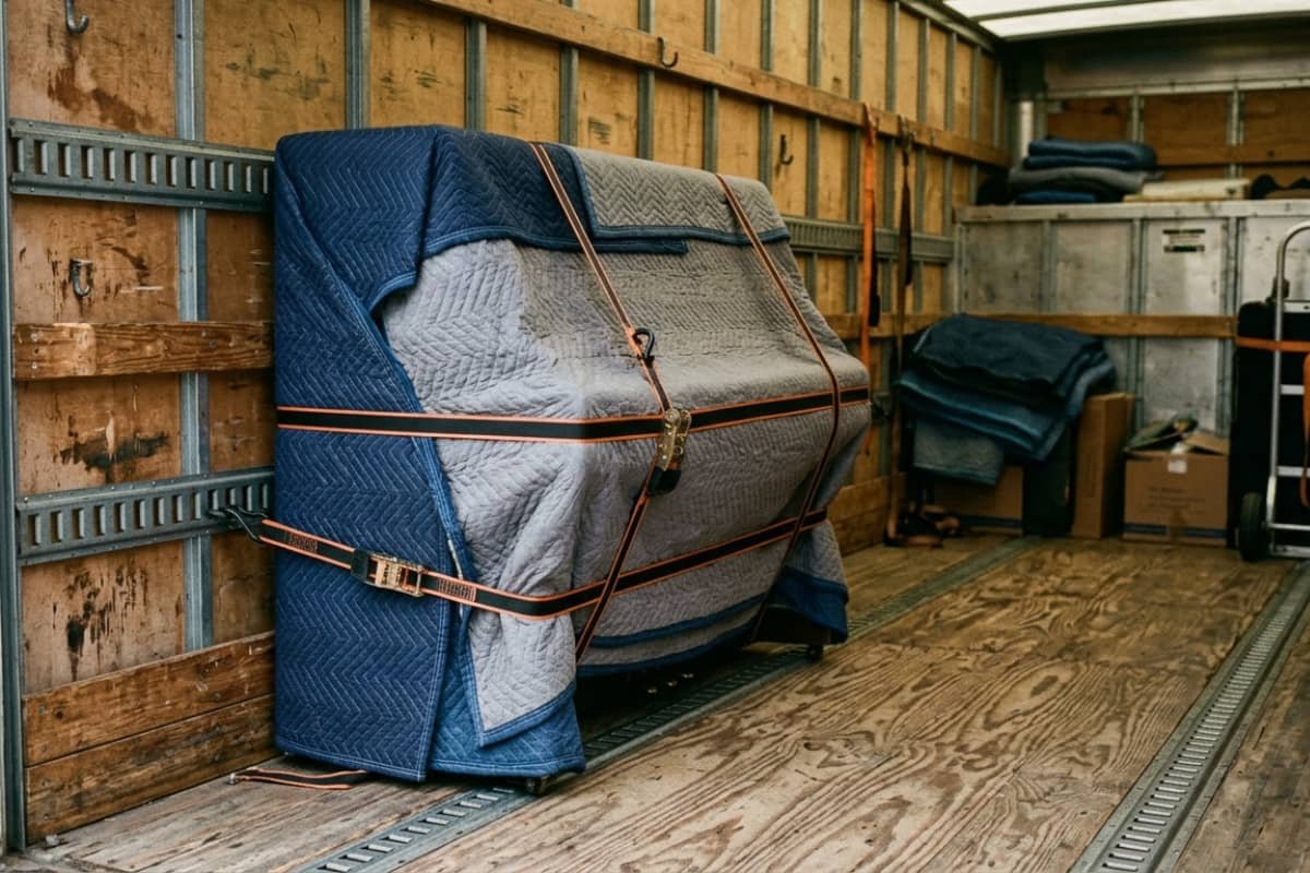 Wrapped piano secured inside a moving truck during a move in Mississauga
