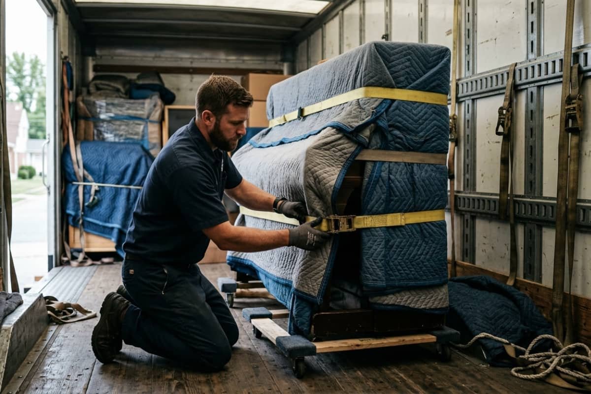 Professional piano mover securing a wrapped piano with straps inside a moving truck in Kingston Ontario