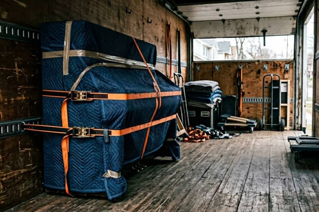 Wrapped piano secured inside a moving truck during a move in Hamilton