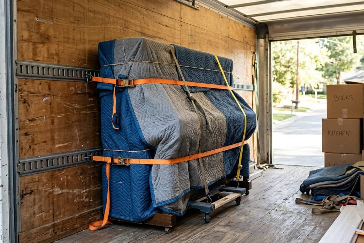 Wrapped piano secured inside a moving truck during a move in Kitchener Ontario