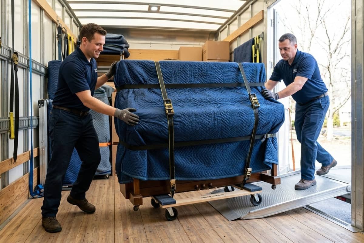 Professional piano movers in Quebec City loading a fully wrapped upright piano into a moving truck