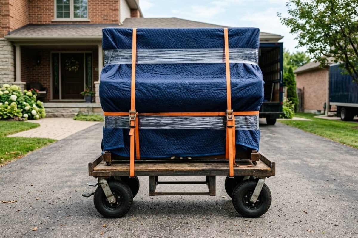 Upright piano wrapped and secured on dolly by professional piano movers in Markham
