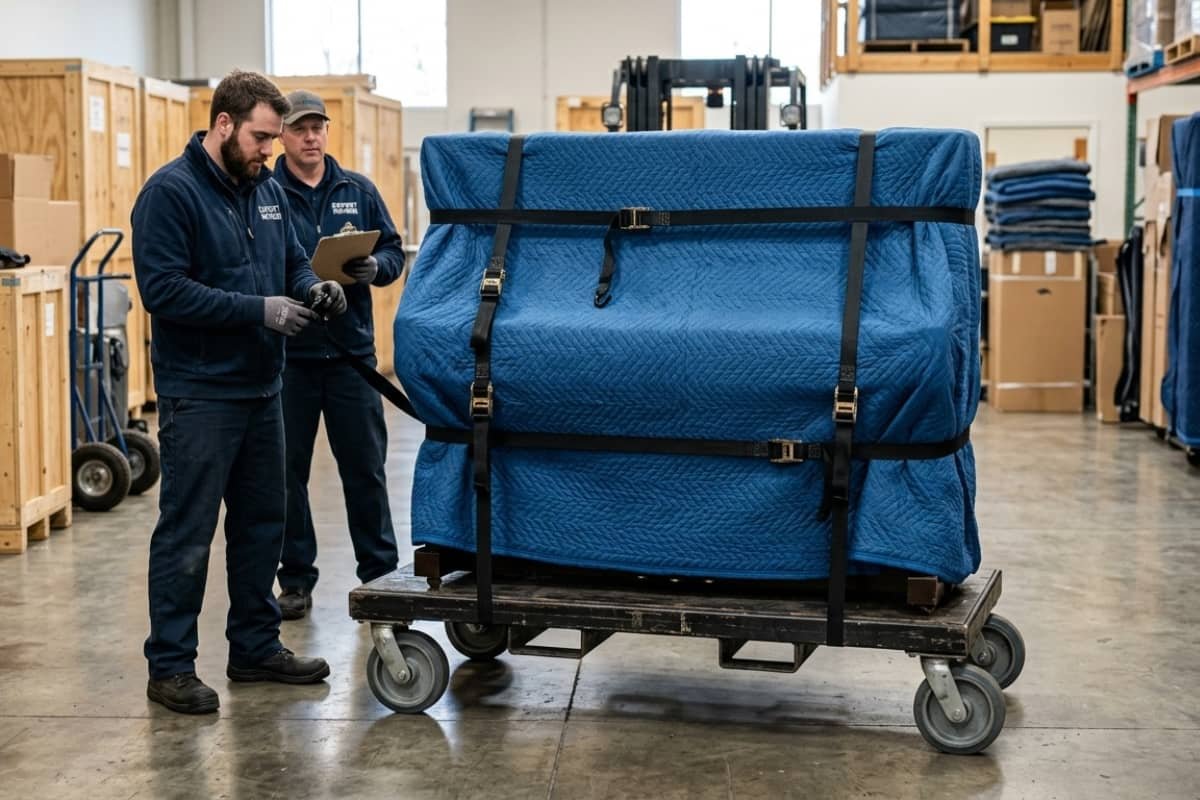 Upright piano securely wrapped and prepared for transport by professional movers in Quebec