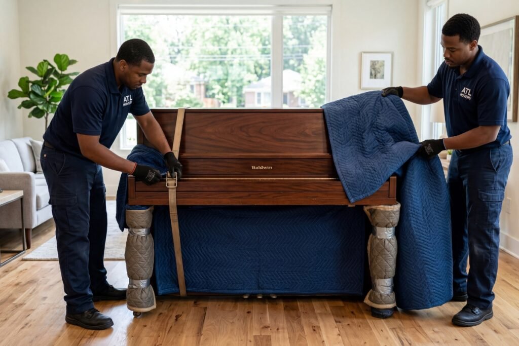 Professional piano movers in Charlottetown securing an upright piano for transport