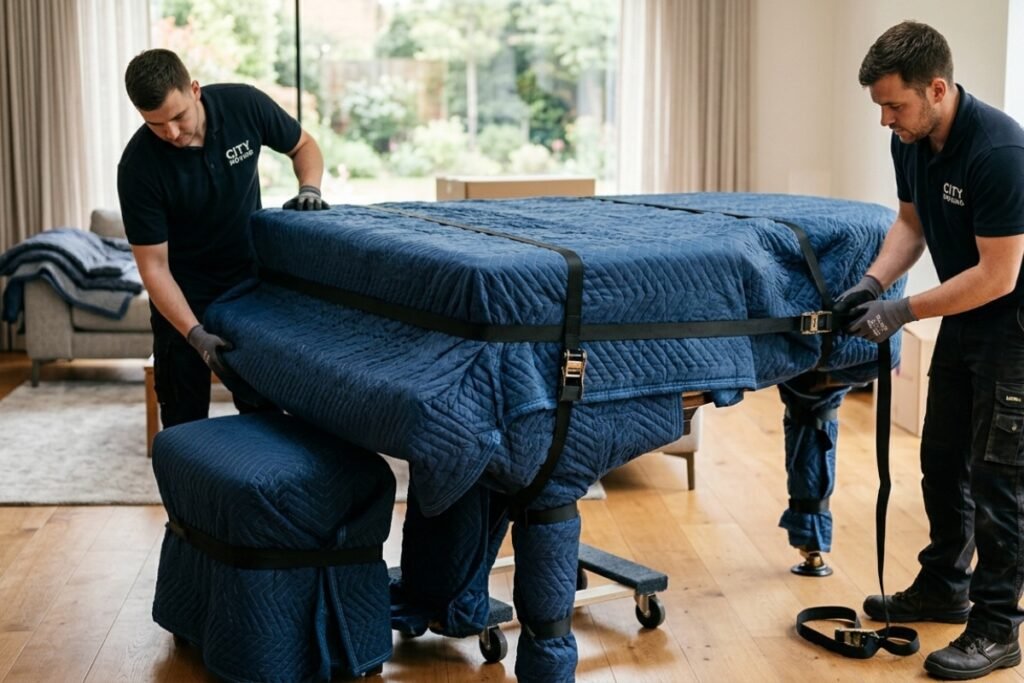 Professional piano movers wrapping a grand piano for safe transport in Prince Edward Island