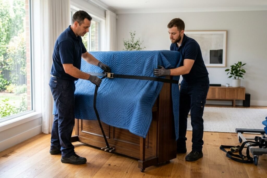 Professional piano movers in Saguenay securing an upright piano for transport