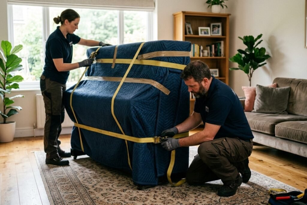 Professional piano movers in Summerside securing an upright piano for transport