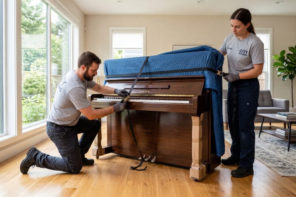 Professional piano movers in Trois-Rivières securing an upright piano for transport