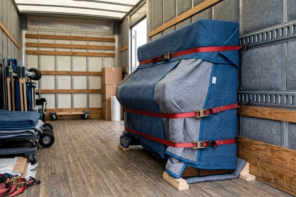 Wrapped upright piano secured inside a moving truck in Sherbrooke, QC