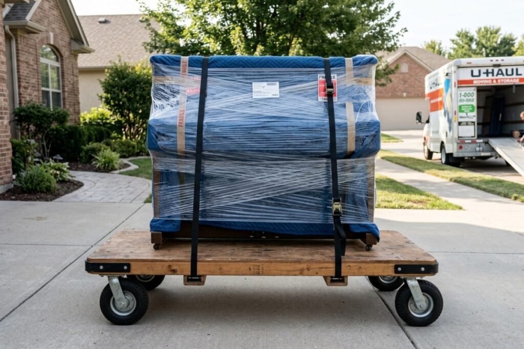 Wrapped upright piano secured on a moving dolly in Prince Edward Island