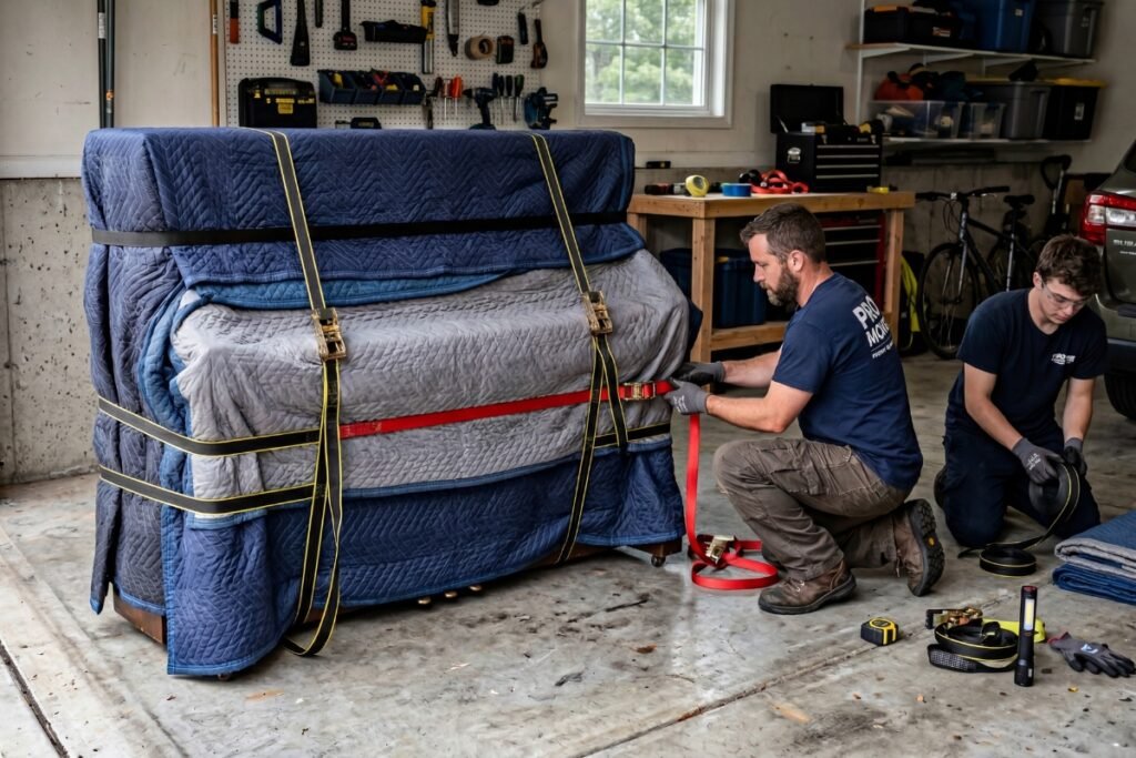 Wrapped upright piano secured with straps by piano movers in Charlottetown