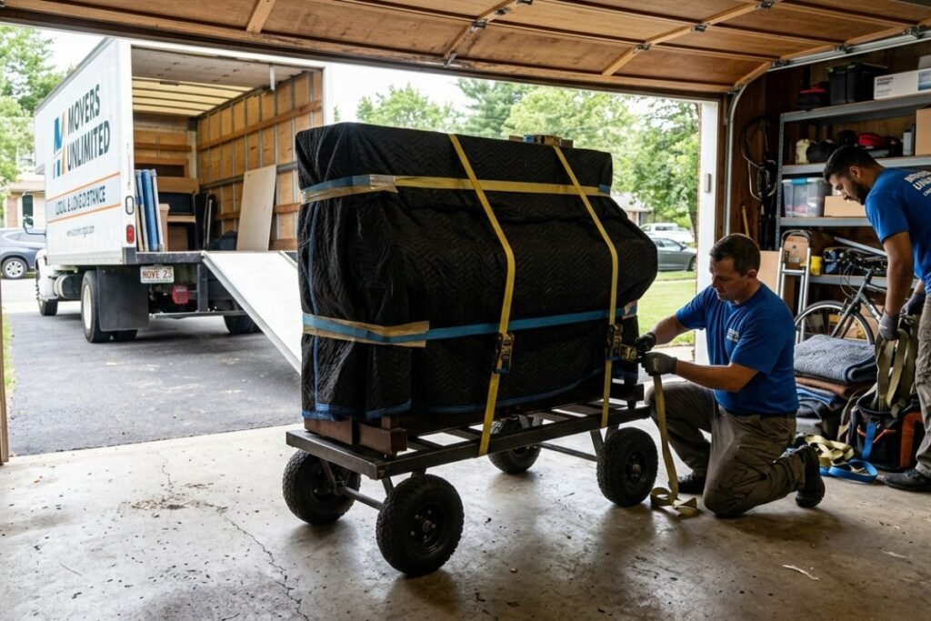 Wrapped upright piano on a moving dolly in Saguenay