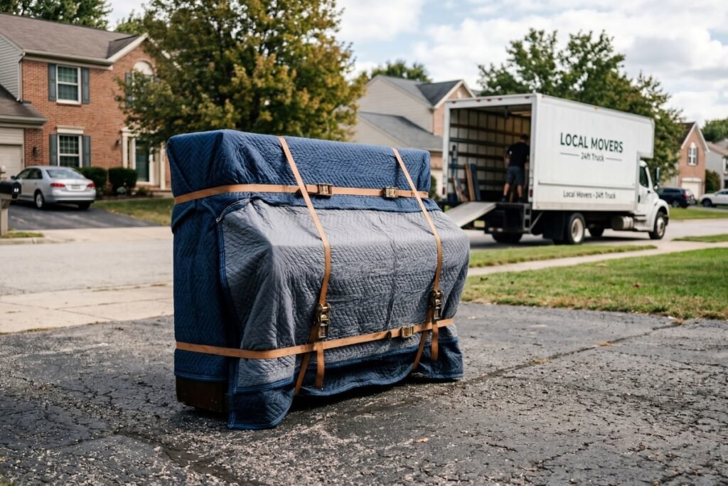 Wrapped upright piano ready for transport by piano movers in Summerside