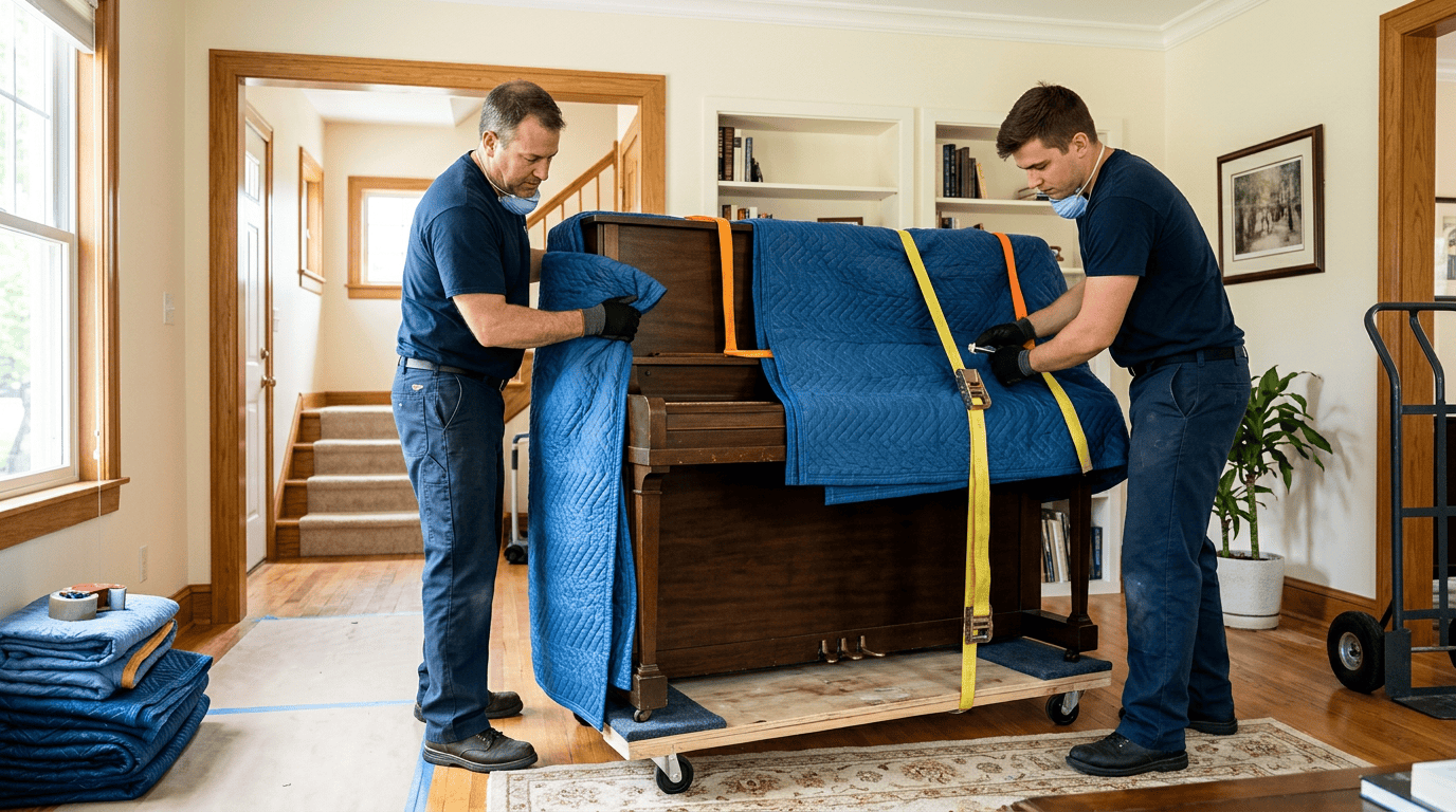 how to move a piano with professional movers securing an upright piano with blankets and straps